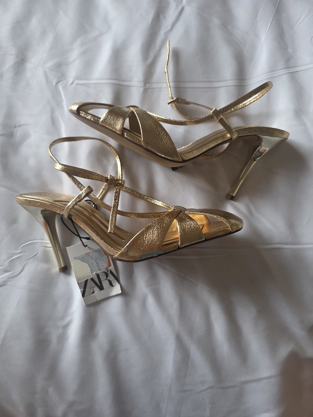 Zara Gold Strappy Mid-Heel Sandals